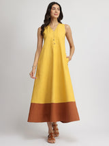 Linen Blend Colourblock A-Line Dress - Yellow & Rust