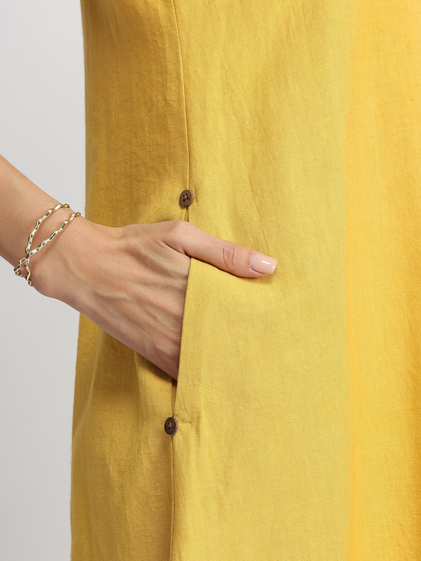 Linen Blend Colourblock A-Line Dress - Yellow & Rust