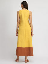 Linen Blend Colourblock A-Line Dress - Yellow & Rust