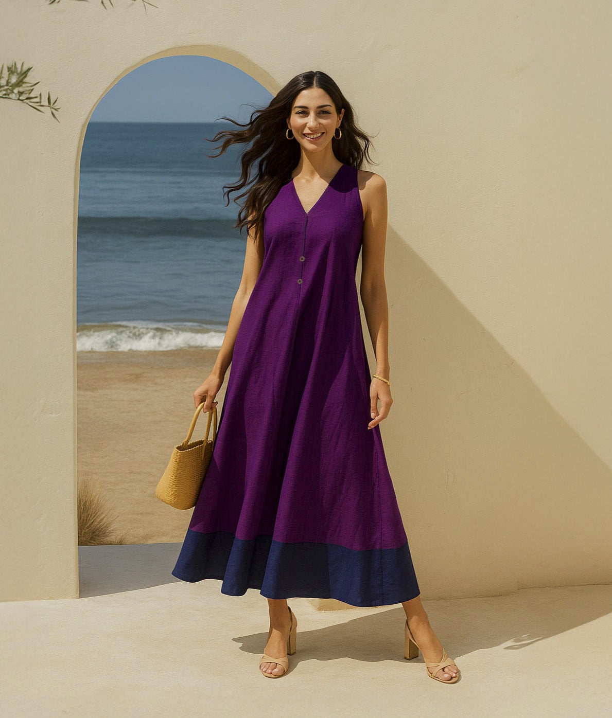 Cotton Colourblock A-Line Dress - Purple & Navy Blue