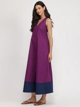 Cotton Colourblock A-Line Dress - Purple & Navy Blue