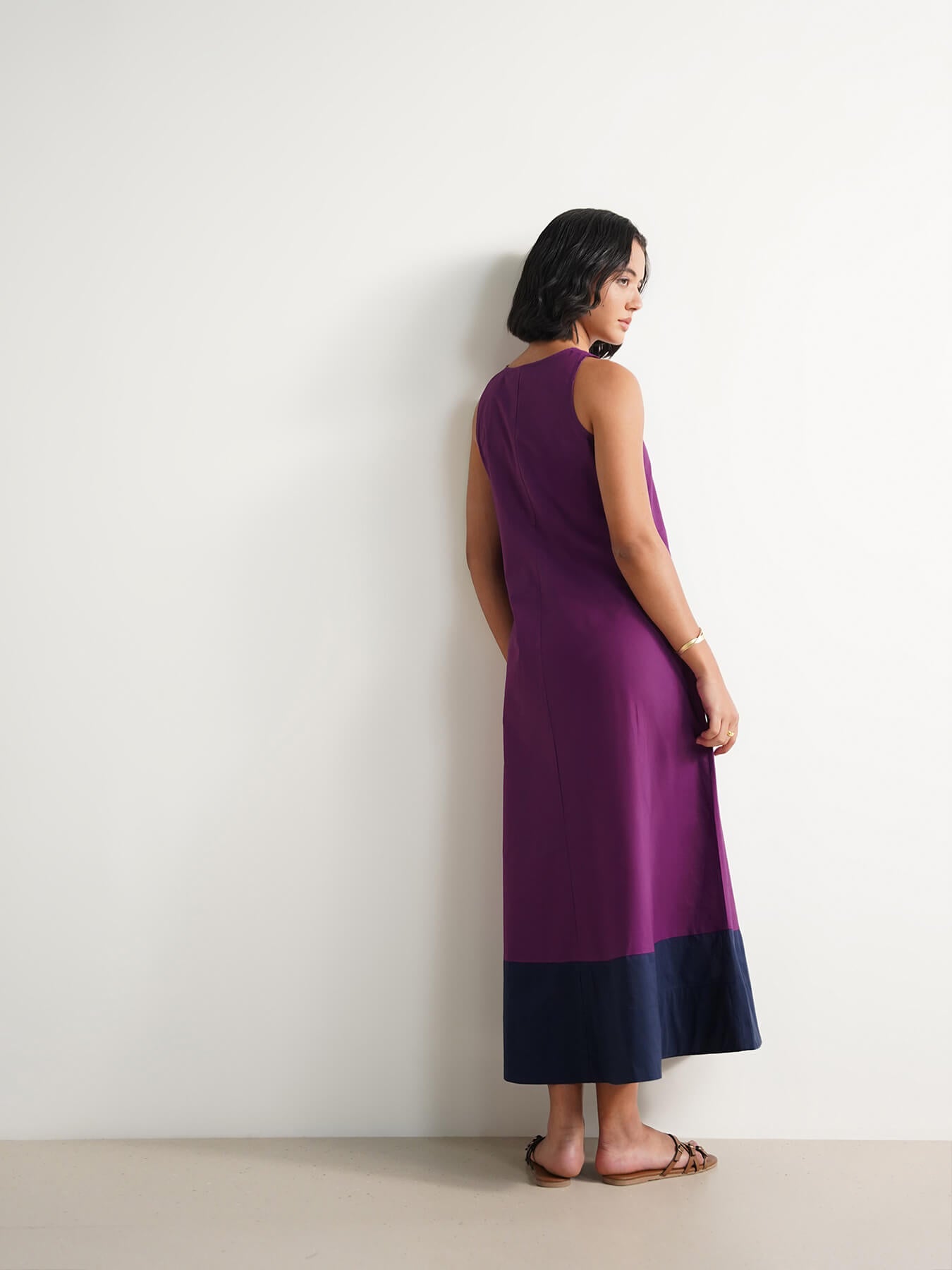 Cotton Colourblock A-Line Dress - Purple & Navy Blue