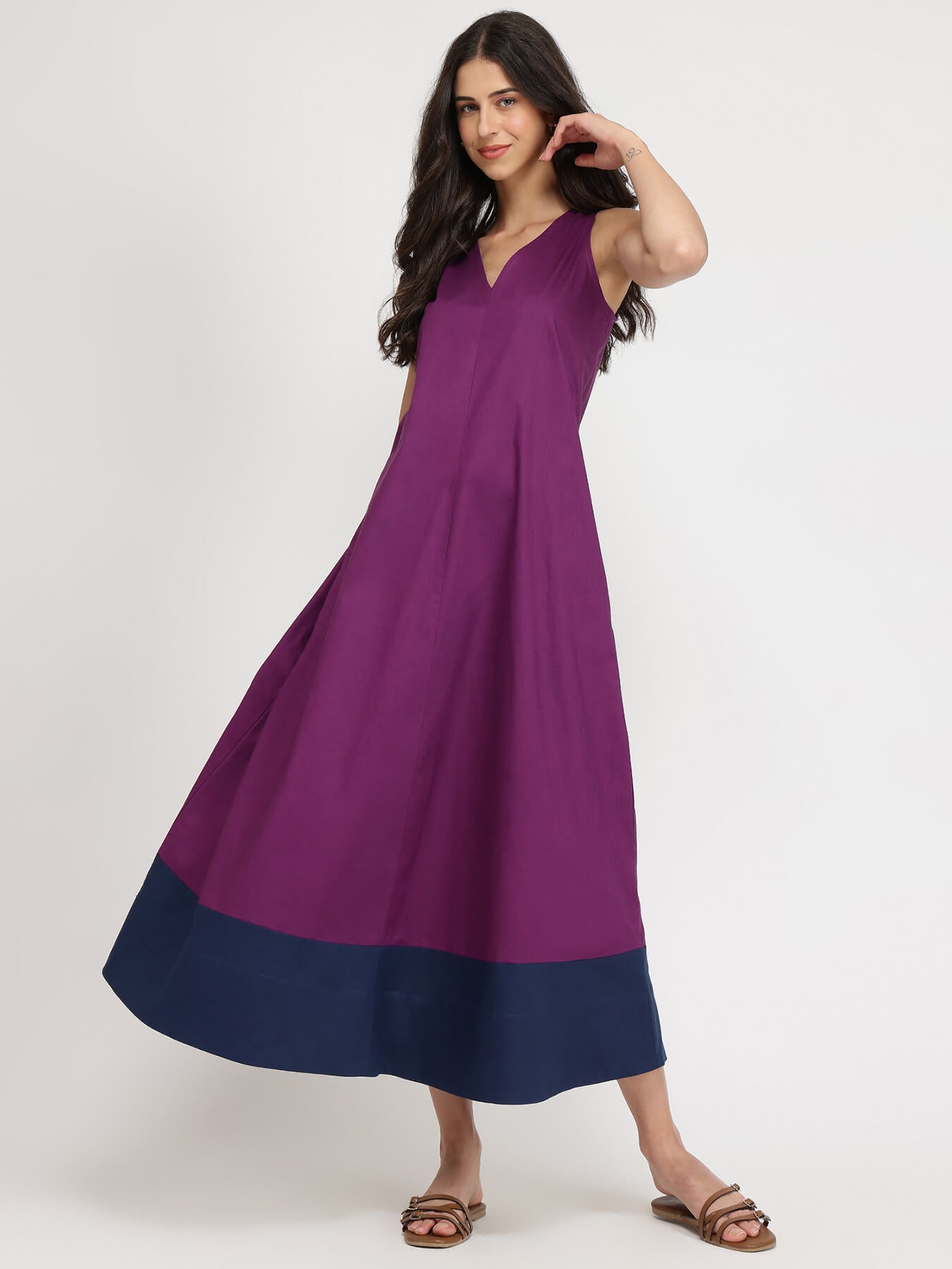 Cotton Colourblock A-Line Dress - Purple & Navy Blue