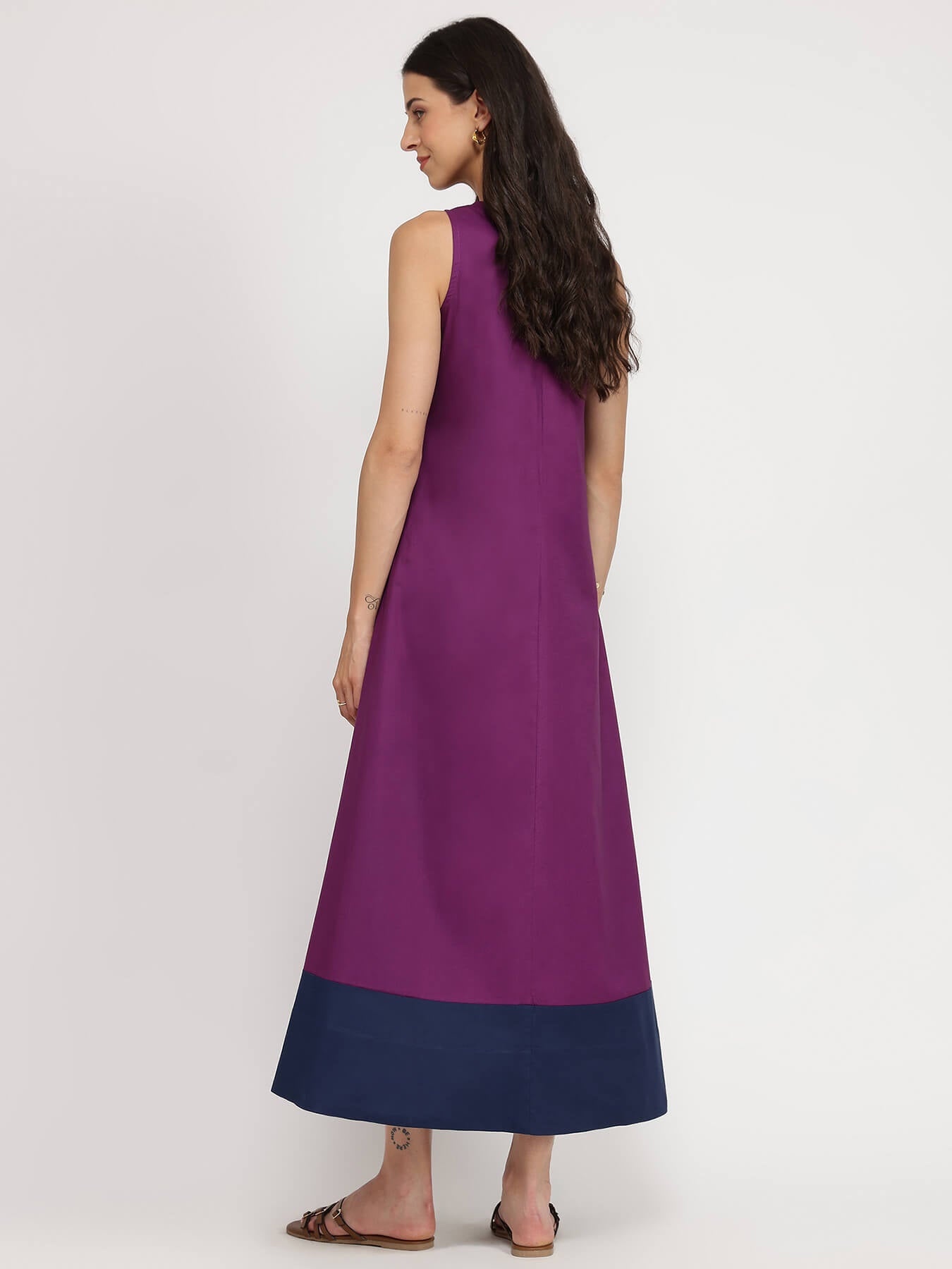 Cotton Colourblock A-Line Dress - Purple & Navy Blue