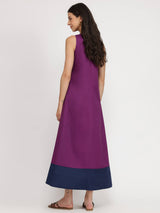 Cotton Colourblock A-Line Dress - Purple & Navy Blue