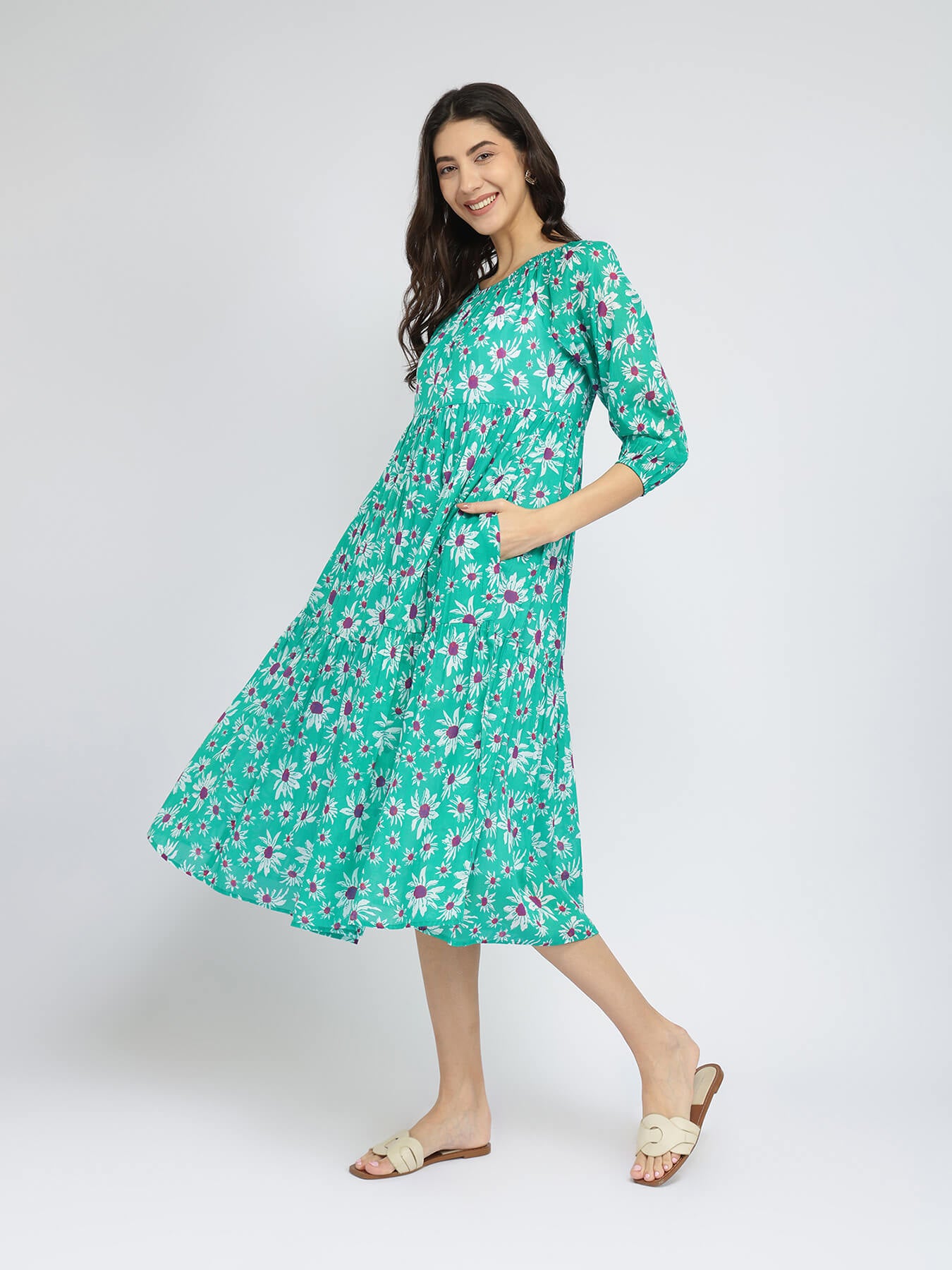 Cotton Floral Tiered A-Line Dress - Green