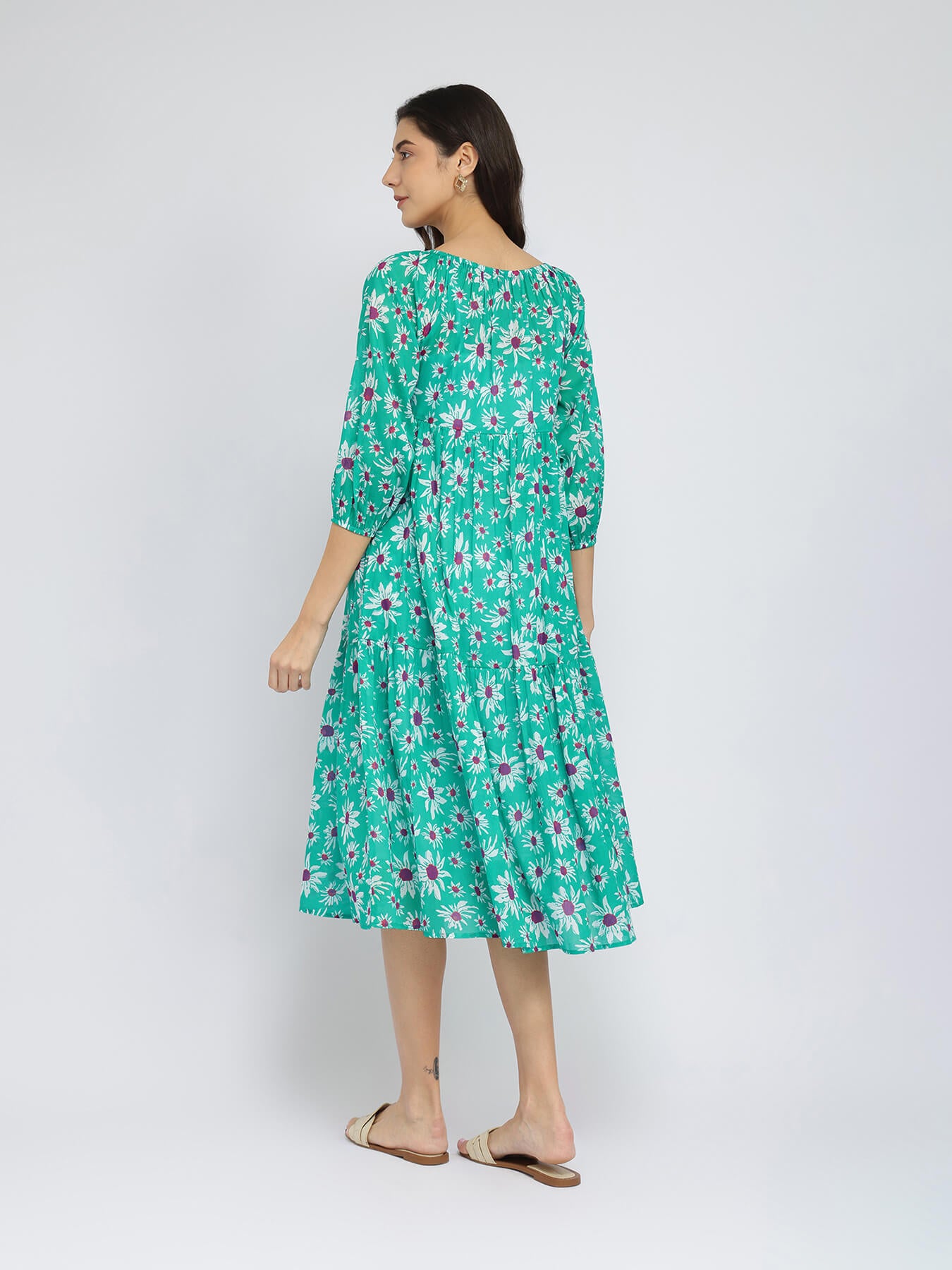 Cotton Floral Tiered A-Line Dress - Green