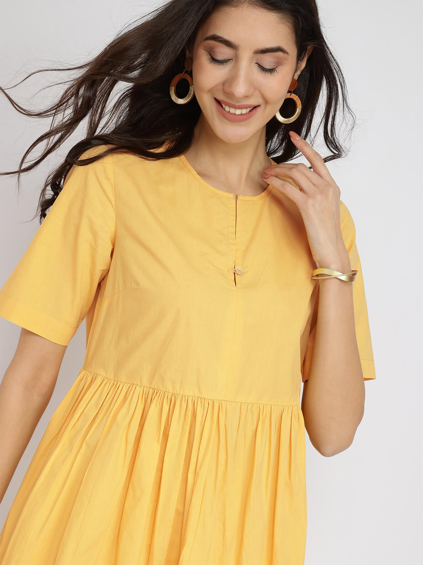 Air Loom Cotton Poplin Solid Dress - Yellow