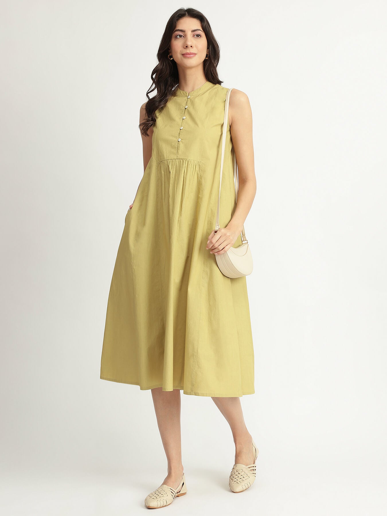 Buy Green Cotton Solid Button Detail Midi Dress Online