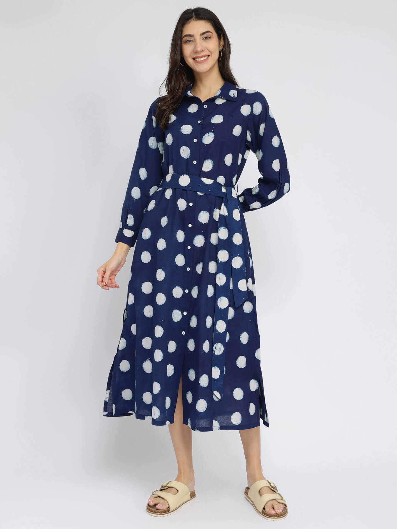 Cotton Dabu Polka Shirt Dress - Indigo