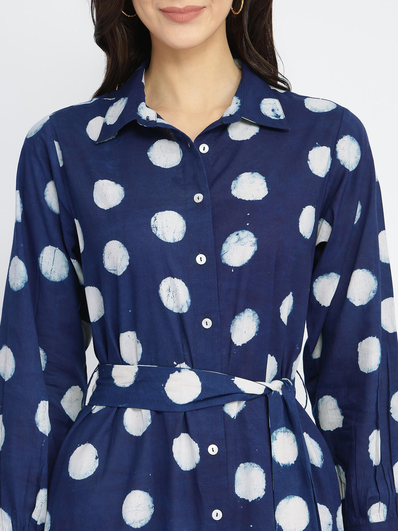 Cotton Dabu Polka Shirt Dress - Indigo