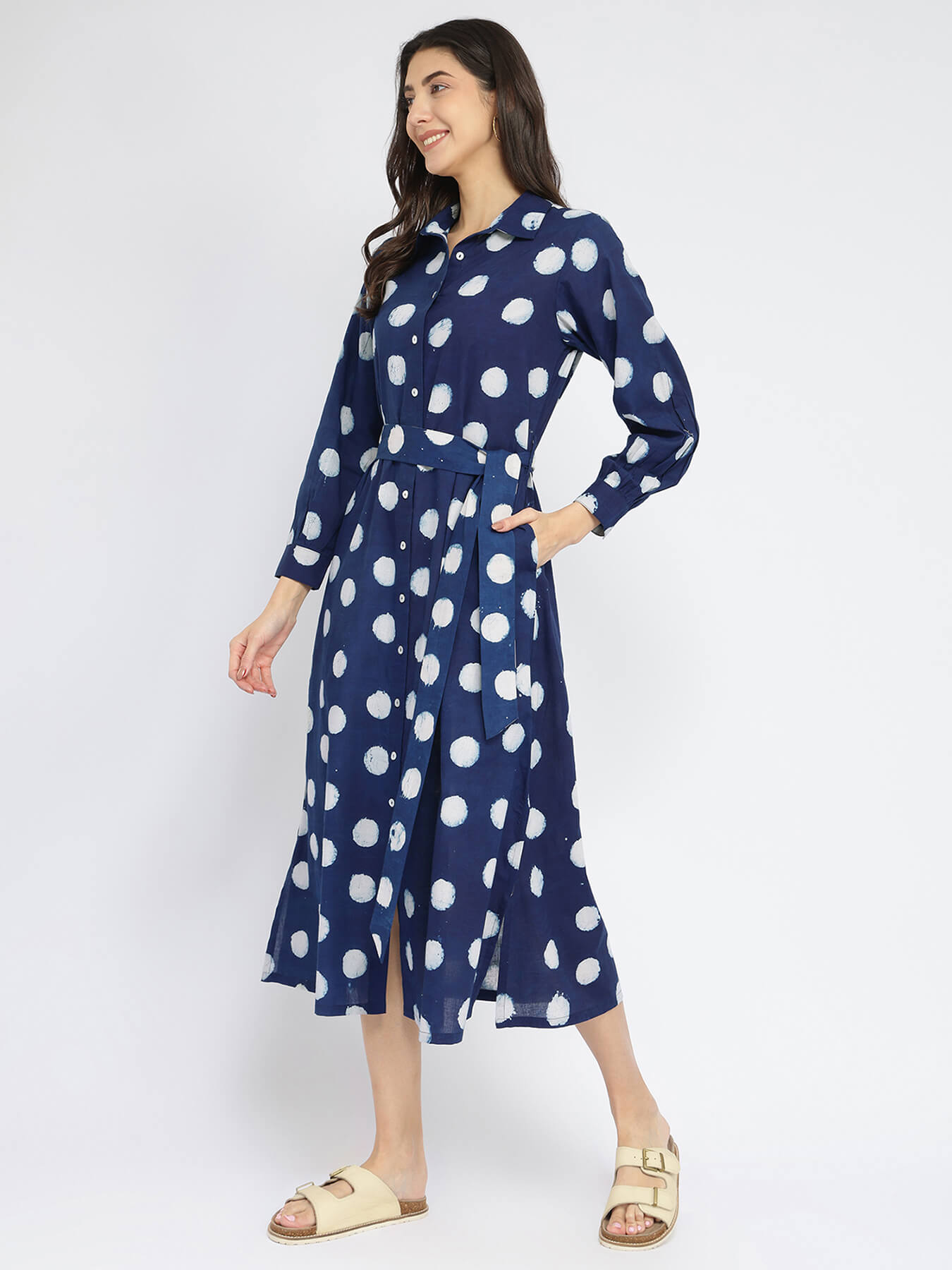 Cotton Dabu Polka Shirt Dress - Indigo