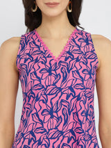 Cotton Floral A-Line Dress - Pink & Blue