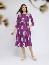 Cotton Floral Fit & Flare Dress - Purple