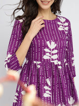 Cotton Floral Fit & Flare Dress - Purple