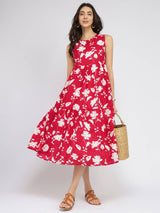Cotton Floral Sleeveless Tiered Dress - Red & White