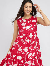 Cotton Floral Sleeveless Tiered Dress - Red & White
