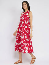 Cotton Floral Sleeveless Tiered Dress - Red & White