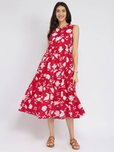 Cotton Floral Sleeveless Tiered Dress - Red & White