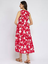 Cotton Floral Sleeveless Tiered Dress - Red & White