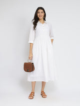 Self-Textured Cotton Solid Dress - White