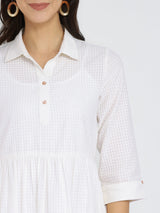 Self-Textured Cotton Solid Dress - White