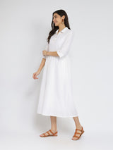 Self-Textured Cotton Solid Dress - White