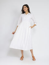 Self-Textured Cotton Solid Dress - White