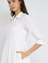 Self-Textured Cotton Solid Dress - White