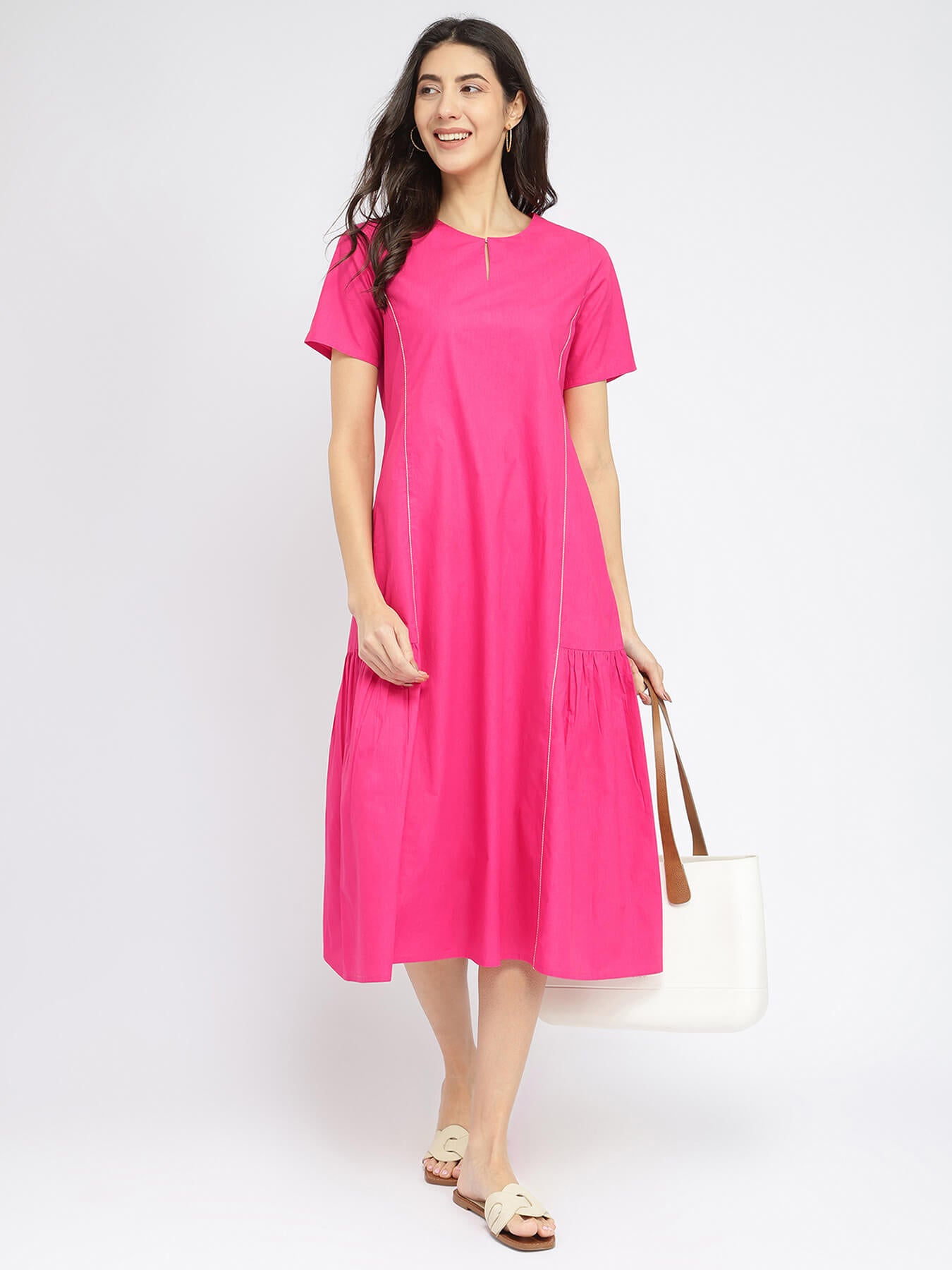 Air Loom Cotton Poplin Solid Midi Dress - Pink