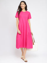 Air Loom Cotton Poplin Solid Midi Dress - Pink