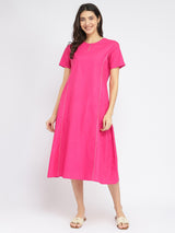 Air Loom Cotton Poplin Solid Midi Dress - Pink