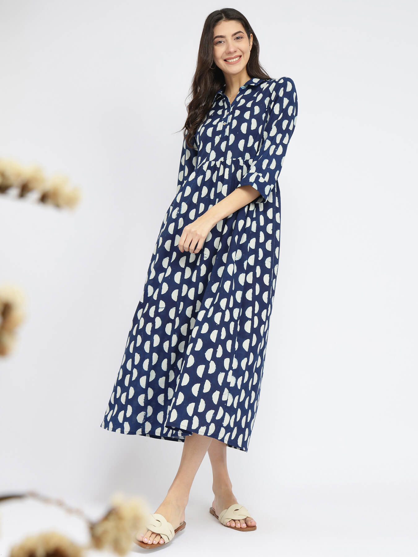 Cotton Dabu Half Polka Print Dress - Indigo