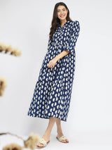 Cotton Dabu Half Polka Print Dress - Indigo
