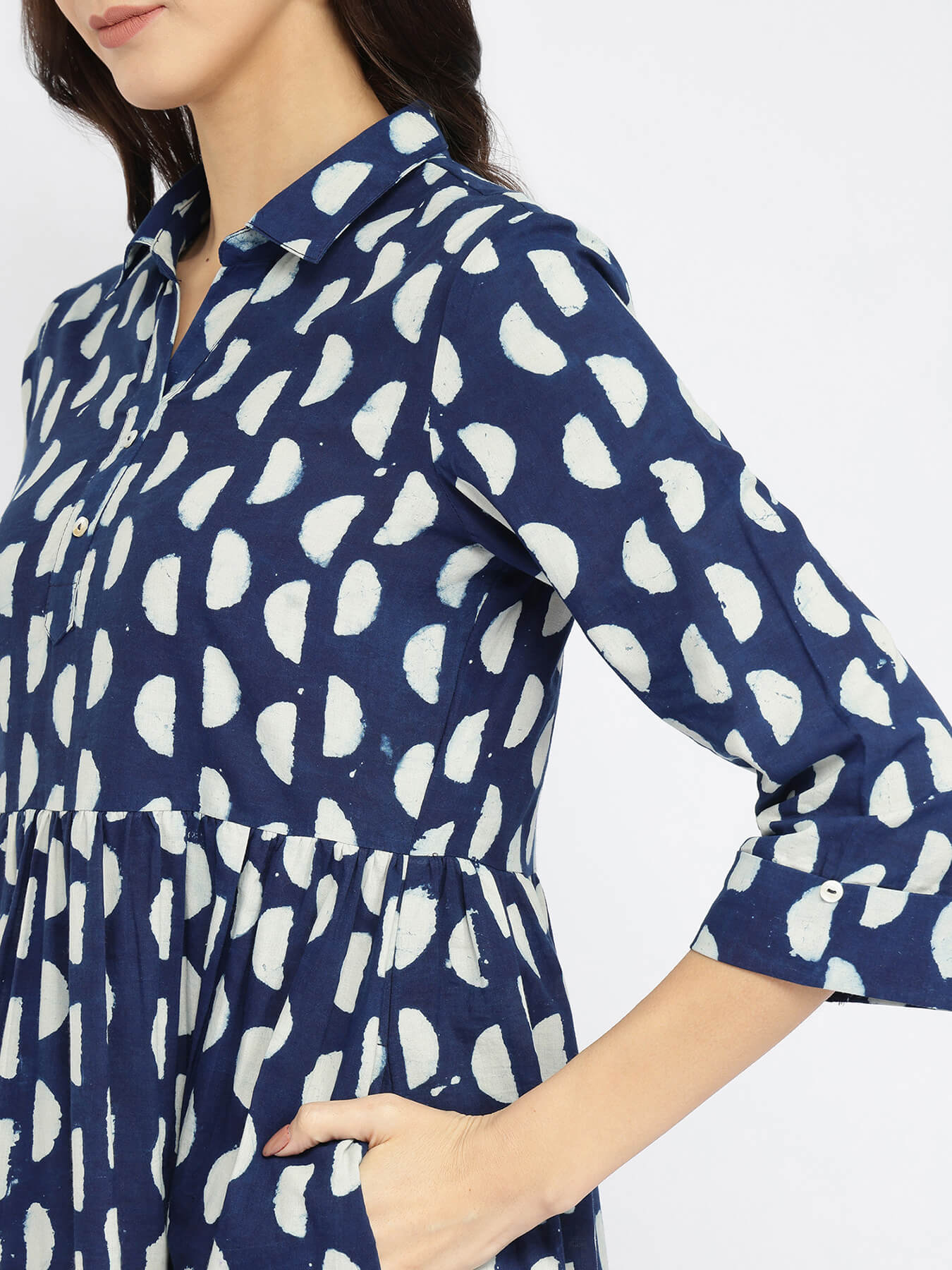 Cotton Dabu Half Polka Print Dress - Indigo