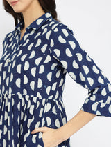Cotton Dabu Half Polka Print Dress - Indigo