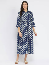 Cotton Dabu Half Polka Print Dress - Indigo