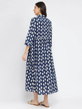 Cotton Dabu Half Polka Print Dress - Indigo