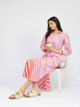Cotton Striped Shirt Collar Midi Dress - Pink