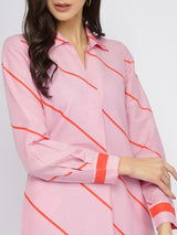 Cotton Striped Shirt Collar Midi Dress - Pink