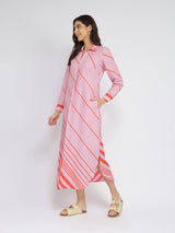 Cotton Striped Shirt Collar Midi Dress - Pink