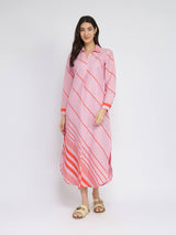 Cotton Striped Shirt Collar Midi Dress - Pink