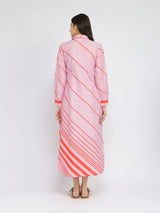 Cotton Striped Shirt Collar Midi Dress - Pink
