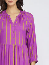 Rayon Striped Buttoned Dress - Purple