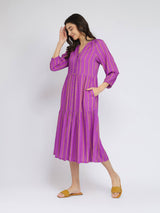 Rayon Striped Buttoned Dress - Purple