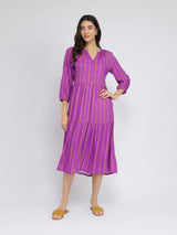 Rayon Striped Buttoned Dress - Purple