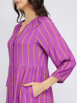 Rayon Striped Buttoned Dress - Purple
