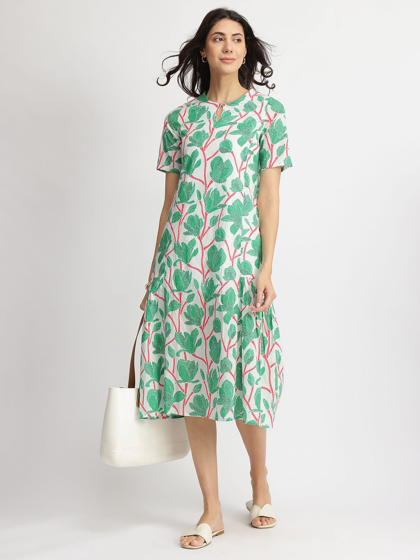Cotton Floral A-Line Dress - Green & Red