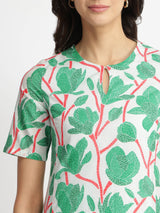 Cotton Floral A-Line Dress - Green & Red