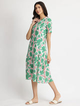 Cotton Floral A-Line Dress - Green & Red